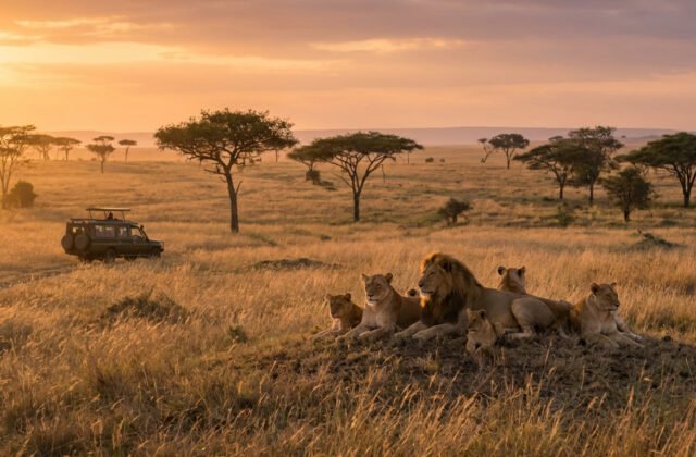 Giraffes walking across the savanna